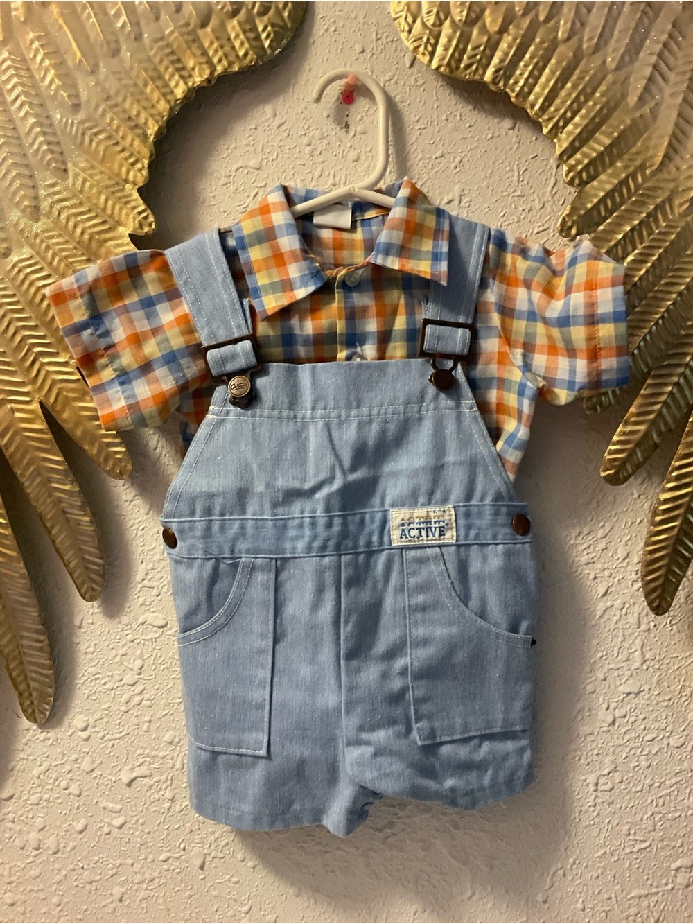 Vintage Carters Shortalls Boys Size 24m Blue Orange Plaid Overalls